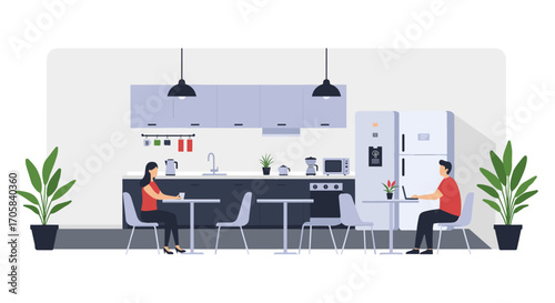 Modern office break room with people working on laptops