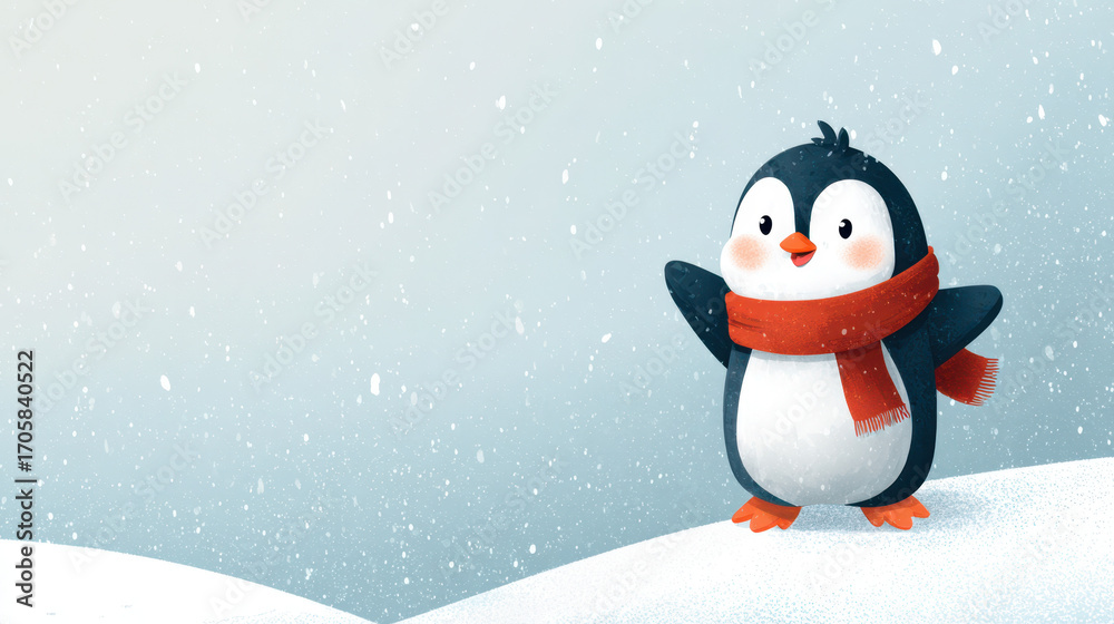 Fototapeta premium Playful penguin welcoming winter snowfall in a frosty landscape cute illustration cheerful vibe