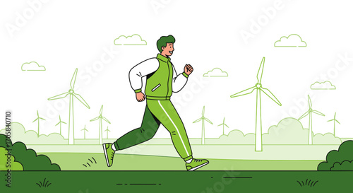 Active Runner Exercising Near Green Energy Wind Turbines for Renewable Power Production
