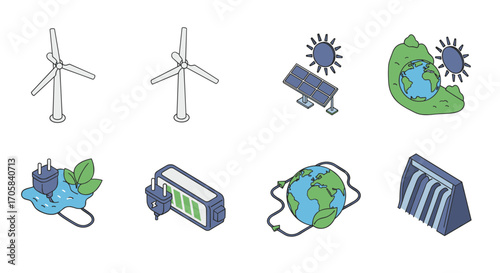 Renewable energy icons featuring wind turbines and solar panels in isometric style