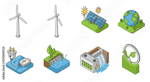 Eco-friendly energy icons: wind, solar, and clean energy solutions in isometric style