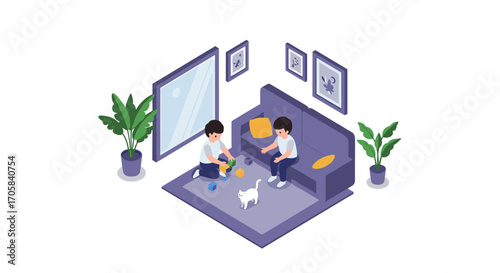 Children playing with toys in isometric living room setting