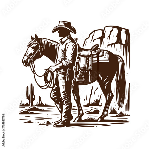 Classic Cowboy & Saddled Horse: Vintage Western Engraving Art