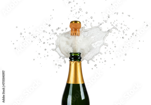 Champagne bottle cork popping with splash isolated on transparent background
