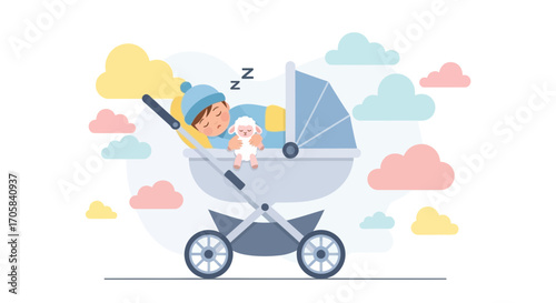 Adorable Baby Sleeping Peacefully in Stroller With A Plush Toy And Colorful Clouds