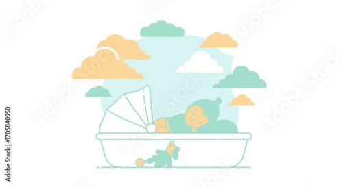 Adorable Baby Sleeping Peacefully In A Light Blue Bassinet Surrounded By Fluffy Clouds
