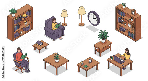 Cozy isometric reading room with bookshelves, coffee tables, and indoor plants