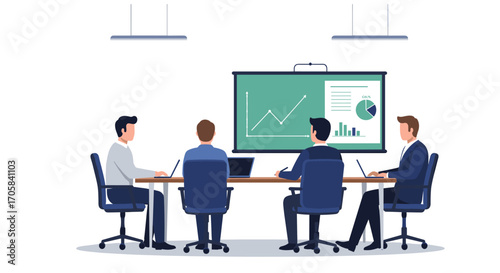 Business meeting flat art with team analyzing growth data in conference room