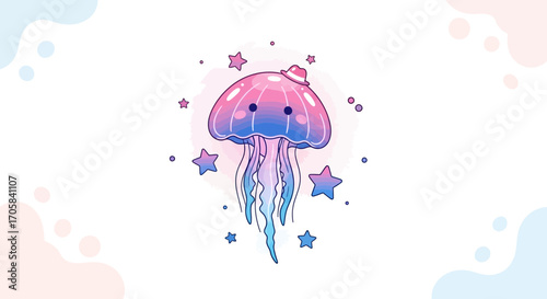 Adorable Cartoon Jellyfish With A Stylish Hat And Surrounding Cosmic Decorations Illustration