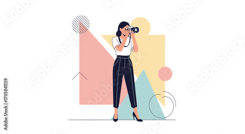 Artistic Photographer Capturing Moments, Utilizing Geometric Shapes and Pastel Backgrounds