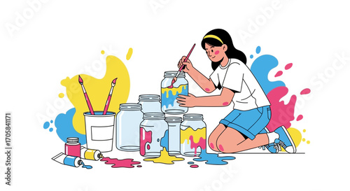 Artistic Passion: A Young Creator Painting Bright Colors In Glass Jars