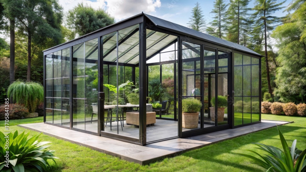 Fototapeta premium Modern glasshouse with black sliding doors and lush greenery, design elements