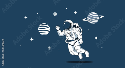 Astronaut Exploring Space Among Planets And Stars With A Friendly Greeting Gesture