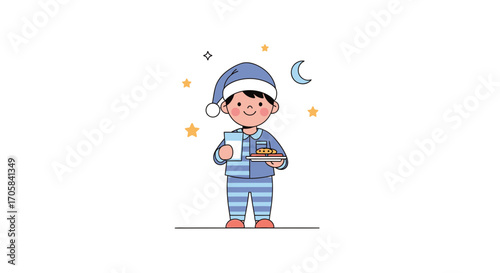 Adorable Child With Pajamas, Milk, Cookies and Moon Ready For Bedtime Dreams