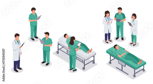 Healthcare professionals in hospital setting engaged in clinical duties and patient care