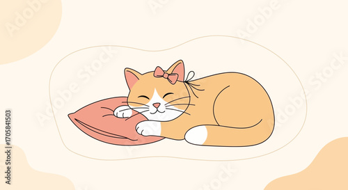 Adorable Feline Napping Peacefully On a Soft Pillow With a Charming Pink Bow Adornment Image