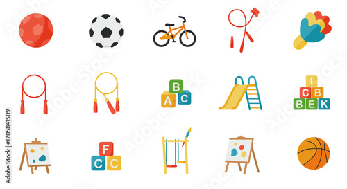 Colorful children's toys and sports equipment in flat design