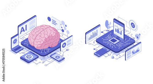 Isometric ai concept: brain and microchip with technology interfaces