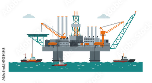 Offshore oil rig platform with ships and cranes in minimalist design