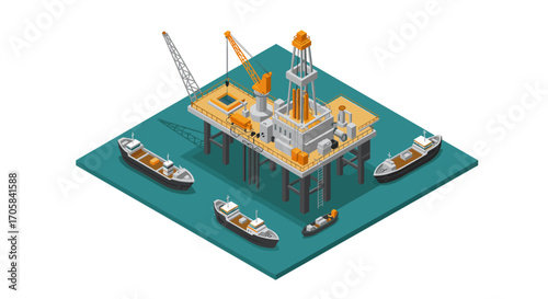 Offshore oil rig in isometric style with surrounding ships on ocean surface