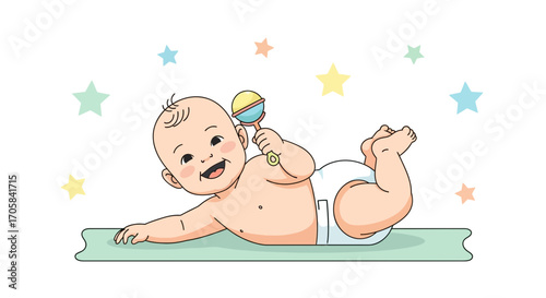 Adorable Happy Baby Playing With Rattle On Playmat, Showing Complete Joy And Happiness