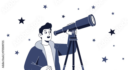 Astronomy Enthusiast Gazing Through Telescope Amidst Cosmic Stars and Celestial Wonders