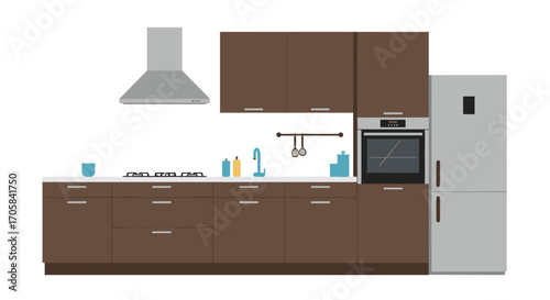 Modern kitchen design with brown cabinets and appliances in flat style