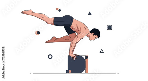Athlete Balancing And Performing A Handstand On A Cube In Modern Minimalist Illustration Style