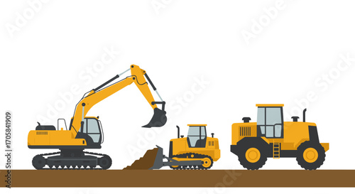 Construction machinery in action: excavator, bulldozer, and loader on site