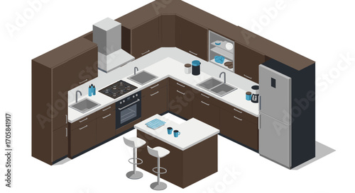 Modern isometric kitchen design with appliances in brown and white tones