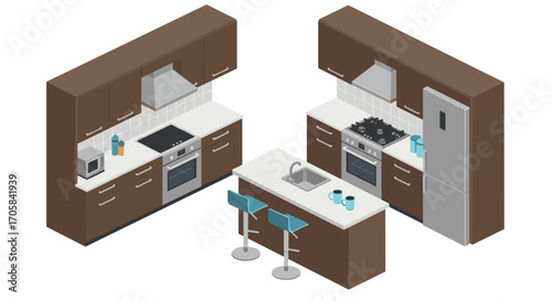 Modern isometric kitchen design: brown cabinets with island and appliances