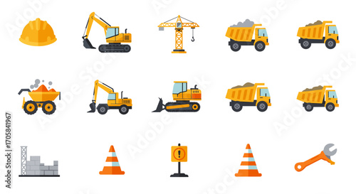 Construction equipment and safety icons collection in flat design style