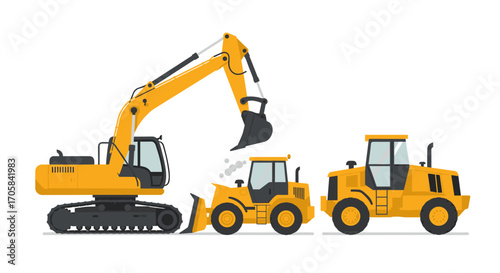Construction machinery collection featuring excavator and bulldozers on white background