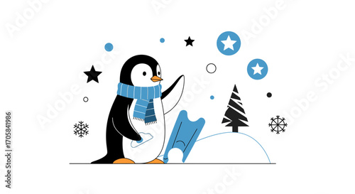 Adorable Penguin In Winter Scarf Ready For Winter Games And Skiing Activities Illustration