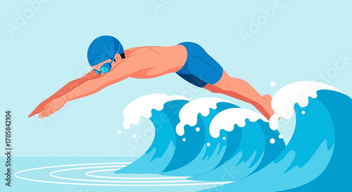 Athlete Diving Into Ocean Waves, Animated Illustration Demonstrating Swimming Technique, in Motion.