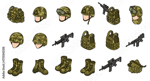 Military equipment set: detailed icons of gear and accessories