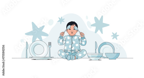 Adorable Toddler Entertains Himself With Cutlery While Surrounded By Tableware