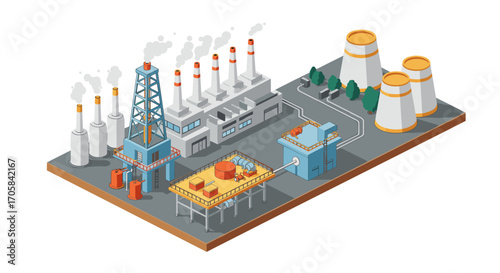 Isometric industrial power plant with smoke stacks and cooling towers