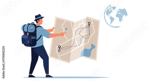 Adventurer Discovering His Pathway With Map Showing Future Travel Directions