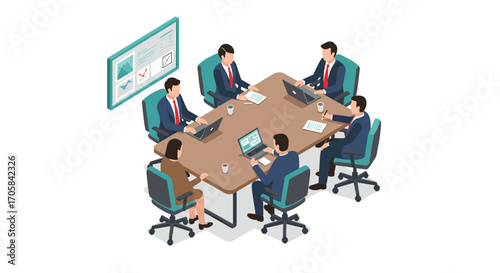 Isometric business meeting with office professionals around conference table