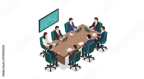 Business meeting around conference table with charts displayed on screen in isometric style