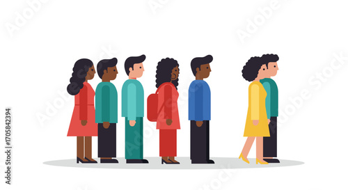 Diverse group of people standing in line in flat illustration style