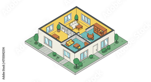 Isometric living space with garden and trees