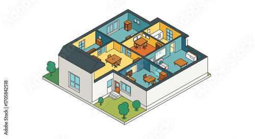 Isometric 3d interior design of a modern family home with furnishings and garden