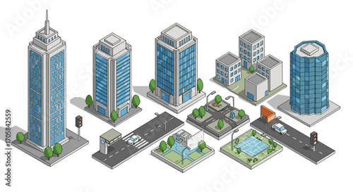 Isometric cityscape with modern buildings and streets