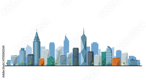 Modern urban skyline featuring diverse architectural styles and skyscrapers