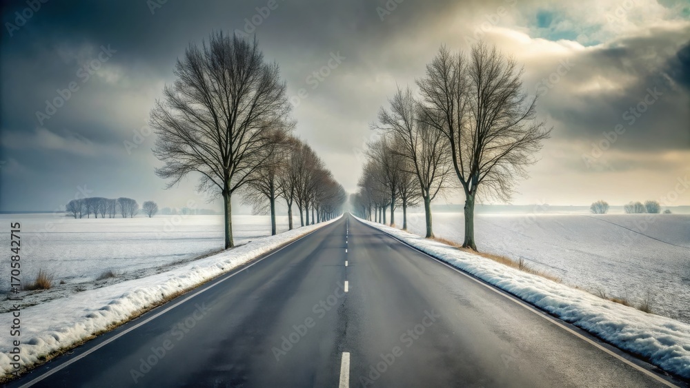 Obraz premium Serene Winter Road A Snowy Path Lined with Bare Trees Extending to a Distant Horizon Under a Dramatic Sky