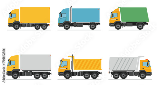Colorful set of delivery and dump trucks in clean flat design style
