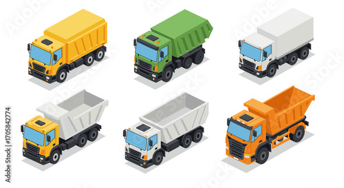 Isometric dump trucks collection in various colors and styles