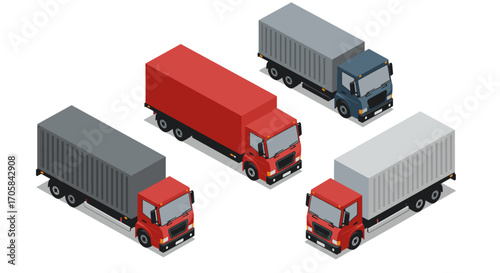 Isometric cargo trucks in various colors and configurations for transport and delivery themes